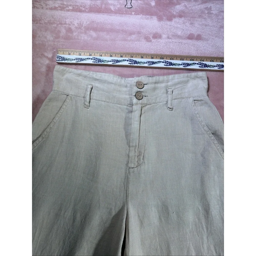 Nicole Miller High Rise Wide Leg 100% Linen Cropped Pants Sz 2. Khaki.